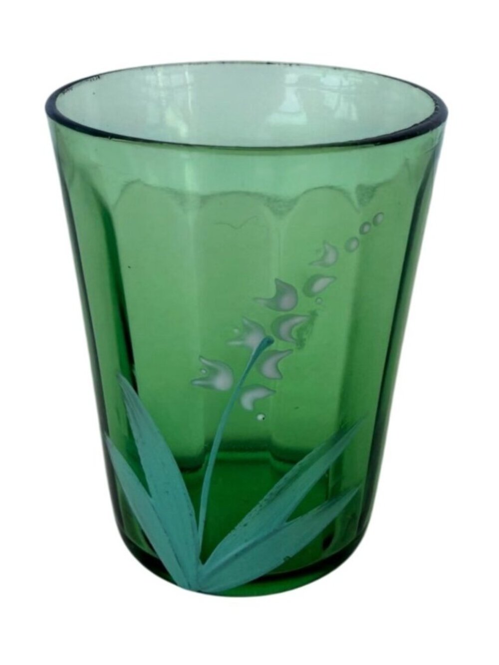 Vintage Enamel Hand‑Painted Glass Tumbler Green Glass Lily Of The Valley Design